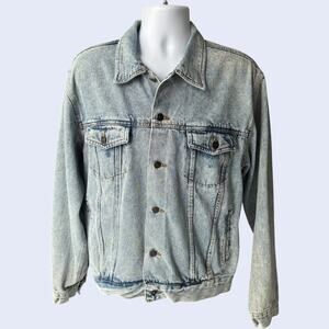 Marbled Denim L 90s Acid Wash Jean Jacket Blue